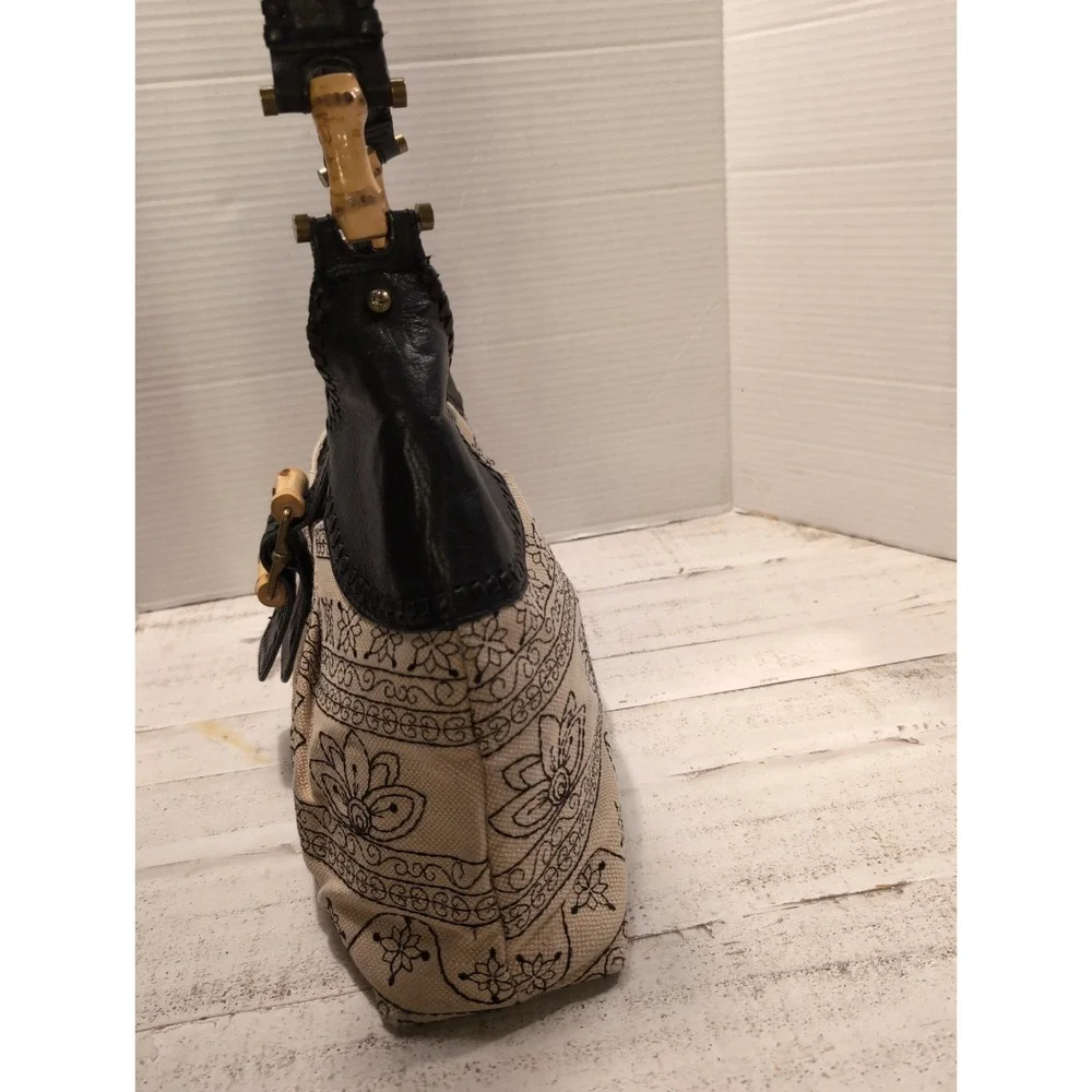 Kate Landry Beige & Black Embroidered Hobo Bag with Bamboo Accents